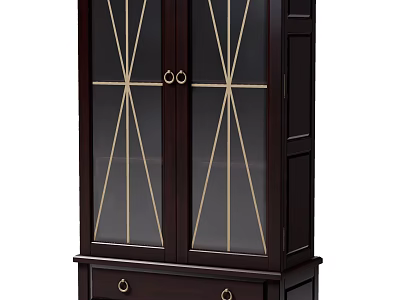 Dark Brown Bookcase with Double Doors and Gold Line Details Bottom Drawer with Round Handles 3d model