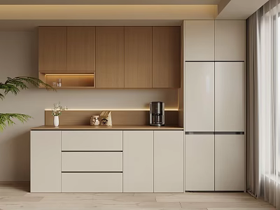 Modern Sideboard with Light Wood Wall Cabinets Cream Drawers Coffee Machine Vase and Decorations 3d model