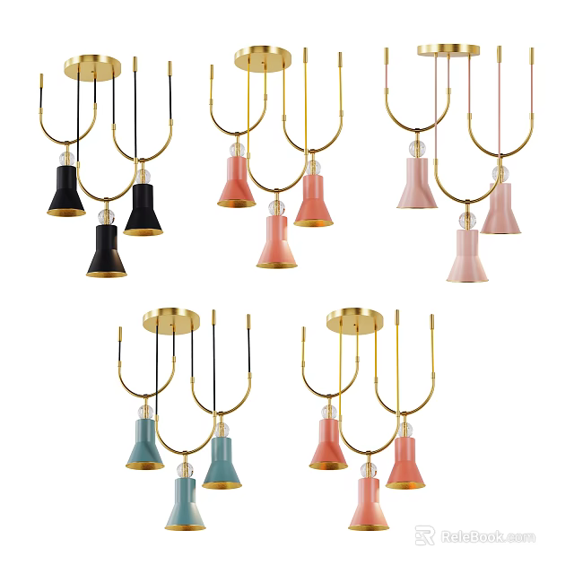 Modern Colorful Chandeliers with Metal Frames and Colored Glass Shades 3d model 