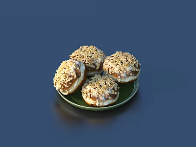 Four Delicious Nut Sprinkled Doughnuts Served on a Green Plate 3d model