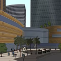 Modern Commercial Complex With High Rise Glass Curtain Wall Wooden Structure And Surrounding Trees