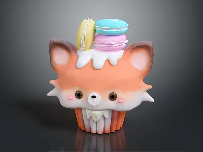 Cute Fox Shaped Cupcake Doll With Yellow Blue Pink Macaron Decorations And White Frosting 3d model
