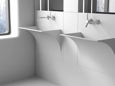 Modern White Double Washbasins With Chrome Faucets Wall Mirrors And Window 3d model