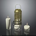 Stylish Home Decorative Gold Lantern With Lit White Candles On Black Tray