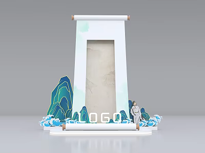 Traditional Chinese Decorative Scroll Frame With Blue Green Mountain Patterns And Figure Ornament 3d model