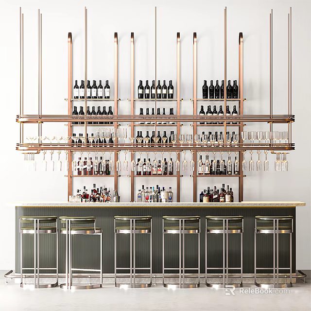 Modern Bar Counter With Hanging Wine Racks Wine Bottles Glasses And Bar Stools 3d model 
