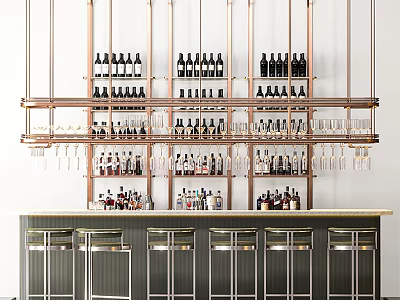 Modern Bar Counter With Hanging Wine Racks Wine Bottles Glasses And Bar Stools 3d model