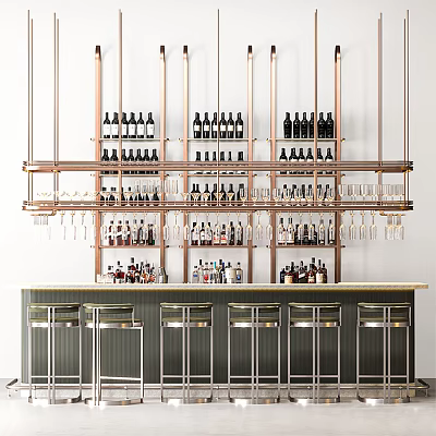 Modern Bar Counter With Hanging Wine Racks Wine Bottles Glasses And Bar Stools 3d model