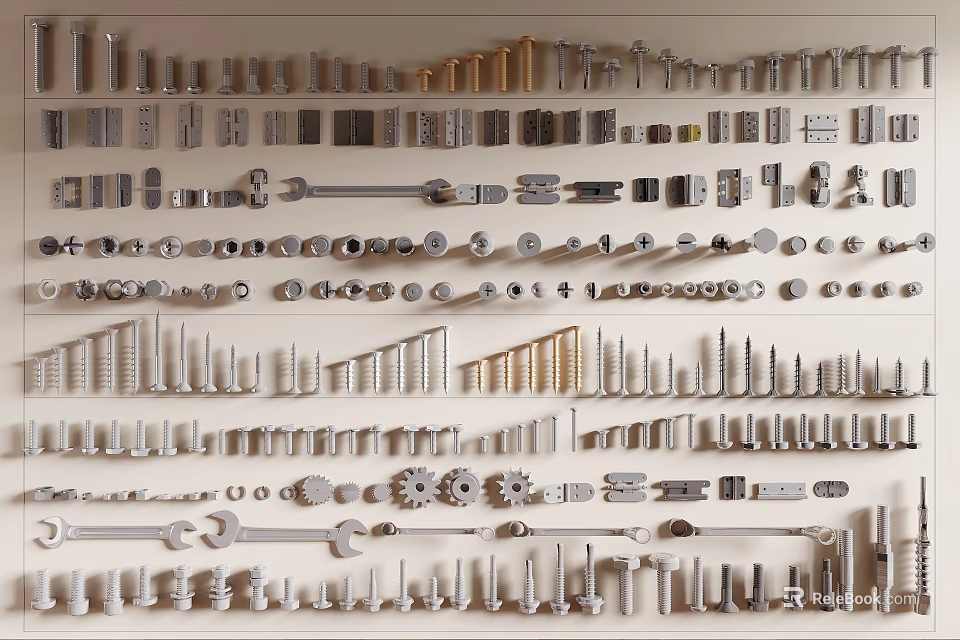 Intricately Carved Hardware Parts Collection Featuring Screws Gears Wrenches and Metal Tools 3d model 