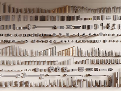 Intricately Carved Hardware Parts Collection Featuring Screws Gears Wrenches and Metal Tools 3d model