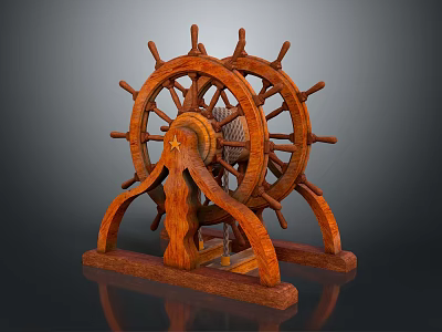 Vintage Wooden Ship Wheel Decor With Spokes Star Hub And Stand Base 3d model