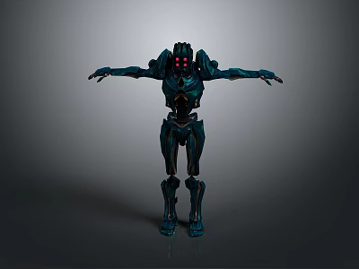 Mechanical Robot Character With Armored Exoskeleton Glowing Red Eyes And Outstretched Arms On Gray Background 3d model