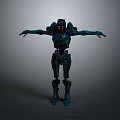 Mechanical Robot Character With Armored Exoskeleton Glowing Red Eyes And Outstretched Arms On Gray Background