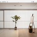 Modern Interior Space With Vertical Striped White Curtains Green Plant And Easel Near Window