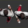 Two Men in White Jackets Red Pants One Holding Cup Against Gray Background