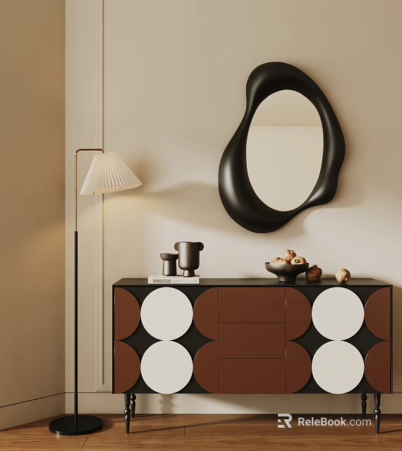 Entryway Console Table with Black Brown White Geometric Pattern Black Irregular Mirror and Floor Lamp 3d model 