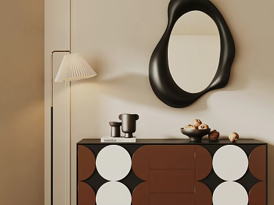 Entryway Console Table with Black Brown White Geometric Pattern Black Irregular Mirror and Floor Lamp 3d model