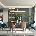 Modern Restaurant Interior With Dining Table Chairs Pendant Light Wine Rack Plants And Windows 3d model
