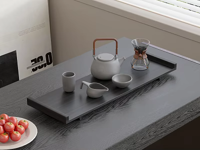 Minimalist Modern Tea Set with Teapot Cups Tray and Strainer on Dark Wooden Table 3d model
