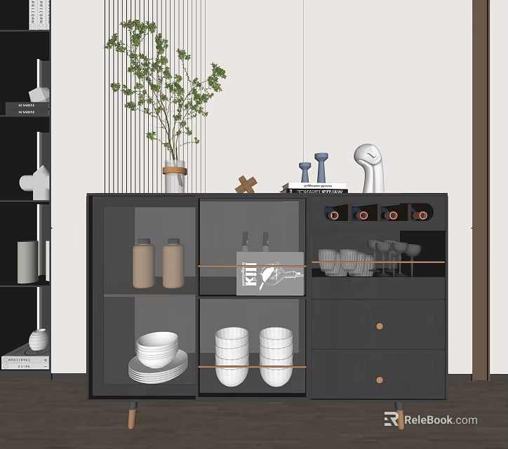 Modern Sideboard with Glass Doors and Drawers Adorned with Decorative Plant Cups and Bottles 3d model 