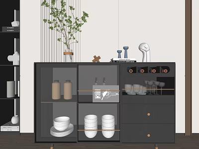 Modern Sideboard with Glass Doors and Drawers Adorned with Decorative Plant Cups and Bottles 3d model