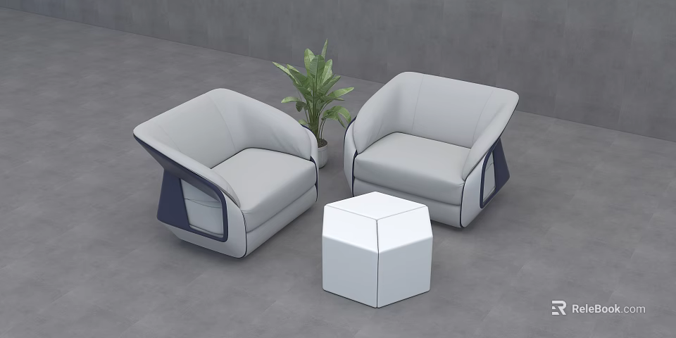 Modern Gray Single Seater Sofas and White Hexagonal Coffee Table with Green Plant 3d model