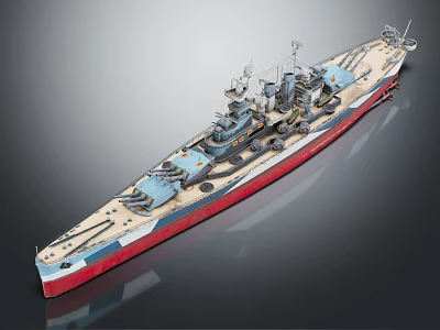 Detailed Battleship Model with Red Blue White Hull Turret Bridge and Deck Details 3d model