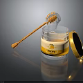 Fresh Honey in Glass Jar with Golden Lid and Wooden Dipper Dripping