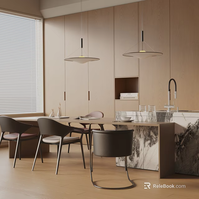 Modern Kitchen Interior Dining Table Set With Chairs Pendant Lights And Marble Island 3d model