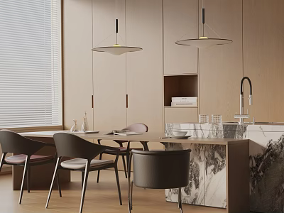Modern Kitchen Interior Dining Table Set With Chairs Pendant Lights And Marble Island 3d model