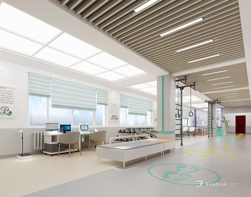 Hospital Outpatient Hall With Bright Lighting White Walls Windows Blinds Medical Workstations And Floor Signs 3d model 