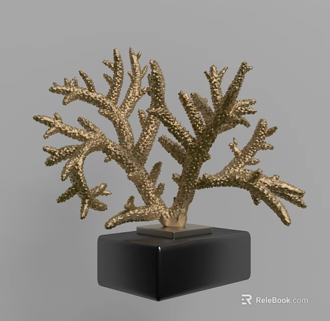 Elegant Golden Coral Design Decorative Ornament Set With Black Square Base 3d model 