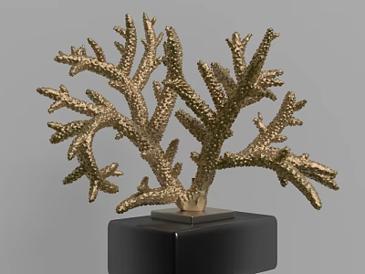 Elegant Golden Coral Design Decorative Ornament Set With Black Square Base 3d model