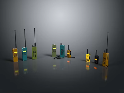 Various Colored Walkie Talkies With Antennas On Gray Surface 3d model