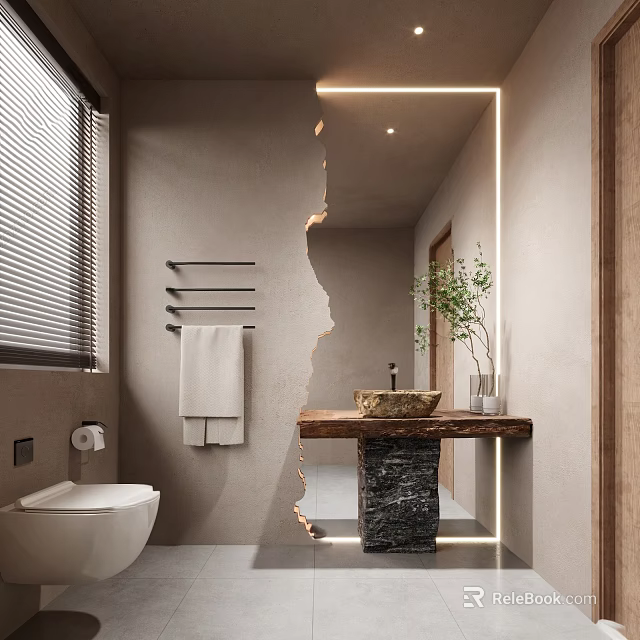 Modern Bathroom Interior With Backlit Mirror Textured Walls Wooden Countertop And Potted Plant 3d model 