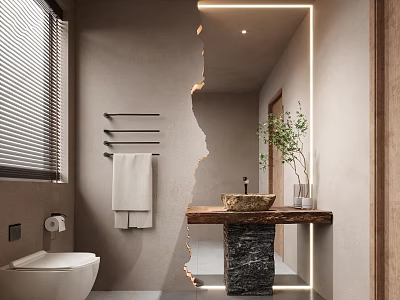 Modern Bathroom Interior With Backlit Mirror Textured Walls Wooden Countertop And Potted Plant 3d model