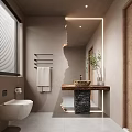 Modern Bathroom Interior With Backlit Mirror Textured Walls Wooden Countertop And Potted Plant