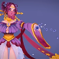 Elegant Fantasy Female Character In Purple Pink Traditional Outfit With Floating Petals And Ribbons