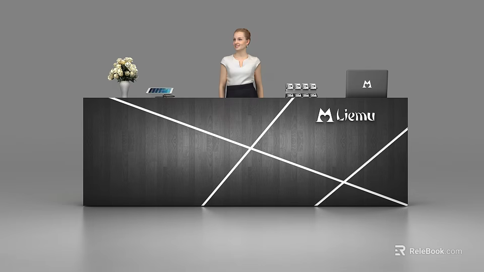Elegant Black Reception Desk With White Cross Lines Flower Vase Laptop And Lianyu Logo 3d model 