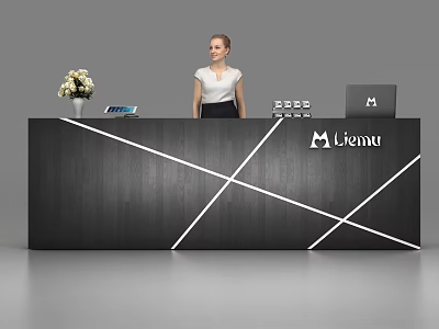 Elegant Black Reception Desk With White Cross Lines Flower Vase Laptop And Lianyu Logo 3d model
