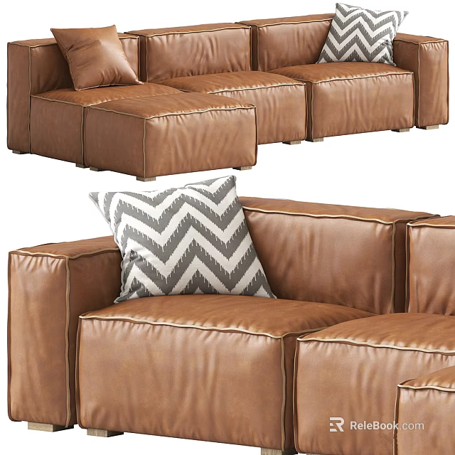 Brown Leather Modular Sectional Sofa With Chevron Pattern Pillow And Soft Comfortable Seats 3d model