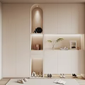 Modern Entryway Design With White Storage Cabinets LED Strip Lighting Decor Items and Shoes