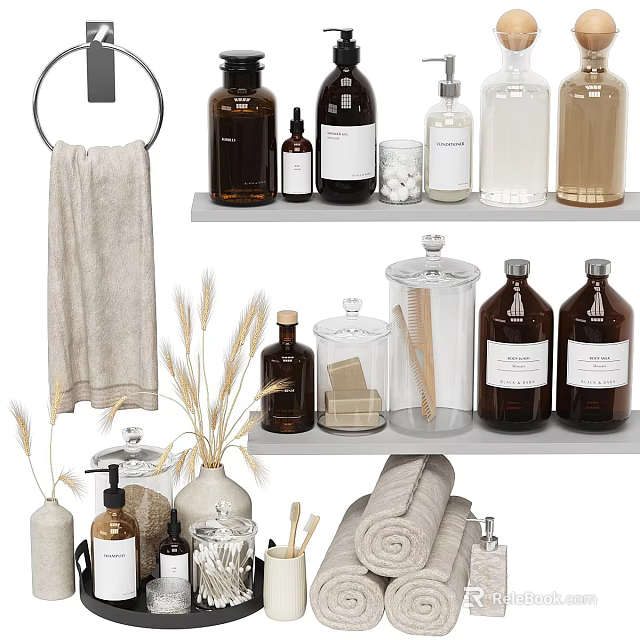 Modern Daily Laundry Products With Various Bottles Rolled Towels And Wheat Decor 3d model 