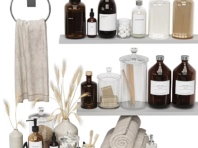 Modern Daily Laundry Products With Various Bottles Rolled Towels And Wheat Decor 3d model
