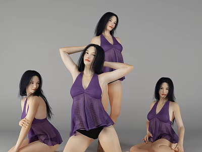 Women In Purple Halter Outfits Posing On Gray Background 3d model