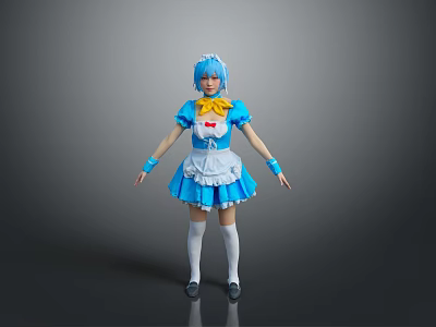 Game And Movie Character Blue Hair In Blue White Maid Outfit Yellow Neckerchief White Apron 3d model