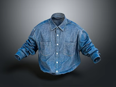 Blue Oversized Denim Shirt With Long Sleeves And Chest Pockets 3d model