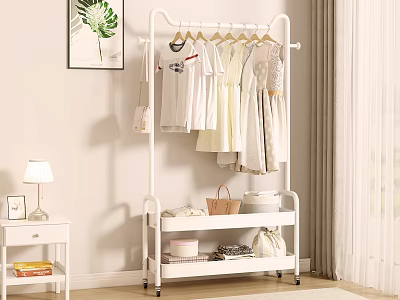 White Rolling Clothing Rack For Bedroom Storage And Hanging 3d model