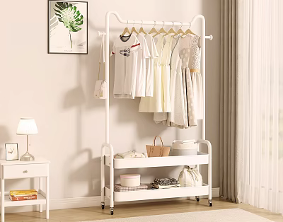 White Rolling Clothing Rack For Bedroom Storage And Hanging 3d model
