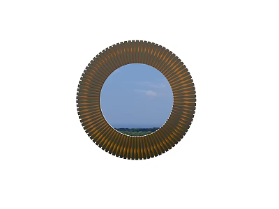 Round Mirror with Wavy Textured Gold Brown Frame Reflecting Blue Sky White Clouds and Scenery 3d model